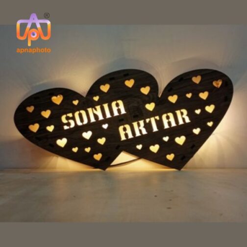 Customized wooden Double heart name led lamp