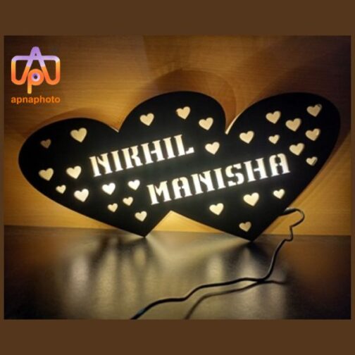 Customized wooden Double heart name led lamp