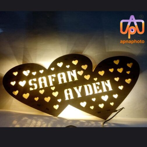 Customized wooden Double heart name led lamp